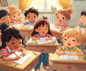 Several Children at their Desks Coloring