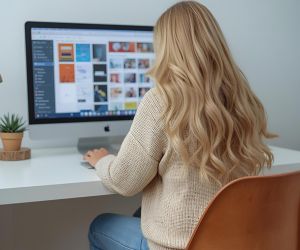 nettie of nettie creates sitting at her desk on her computer creating